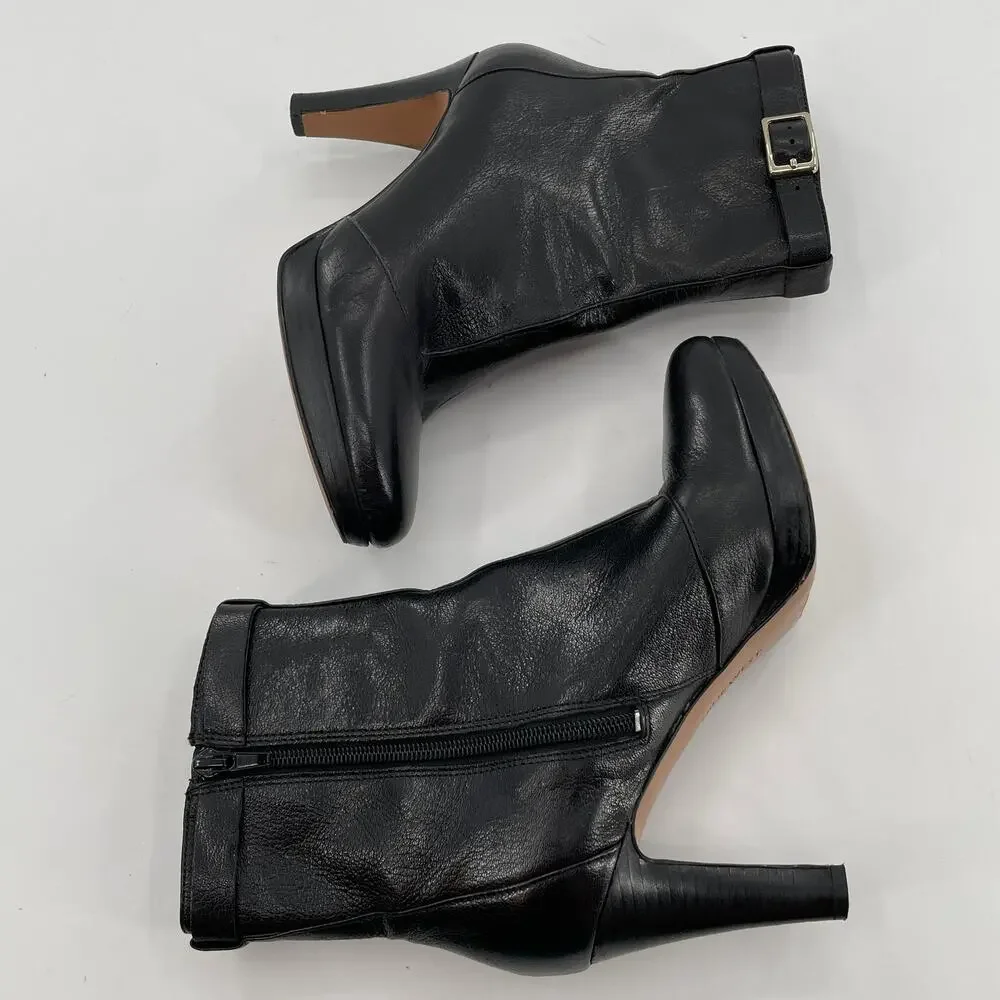 Nine West Fudgeit Black Leather Stiletto Heel Inside Zip Buckle Ankle Booties 8